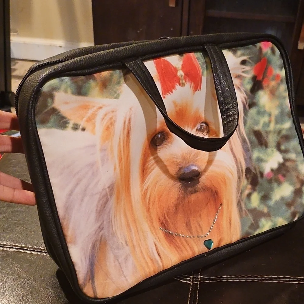 Stylish Black Dog Carrier with Yorkie Design